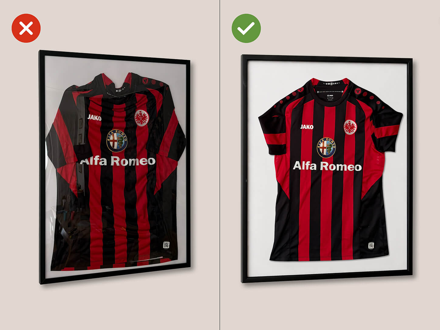 Trikot im Bilderrahmen (gequetscht, Falten) vs. Trikot im Trikotrahmen (faltenfrei, professionell präsentiert)