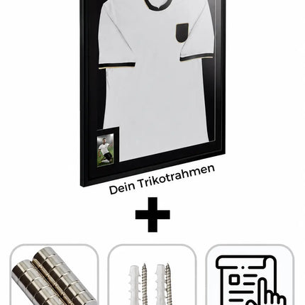 Lieferumfang Trikotrahmen "Premium" Plus (Holz) mit Passepartout: Trikotrahmen mit Spielerfoto, Neodym-Magnete, Dübel und Schrauben sowie Einrahm-Anleitung.